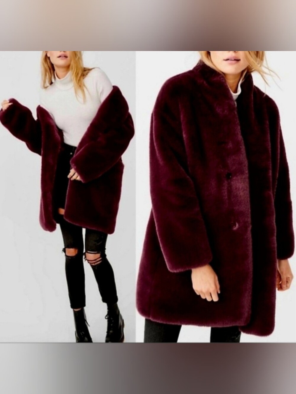 Abercrombie & Fitch Plush Teddy Faux Fur Coat Deep Burgundy Luxurious Soft Med